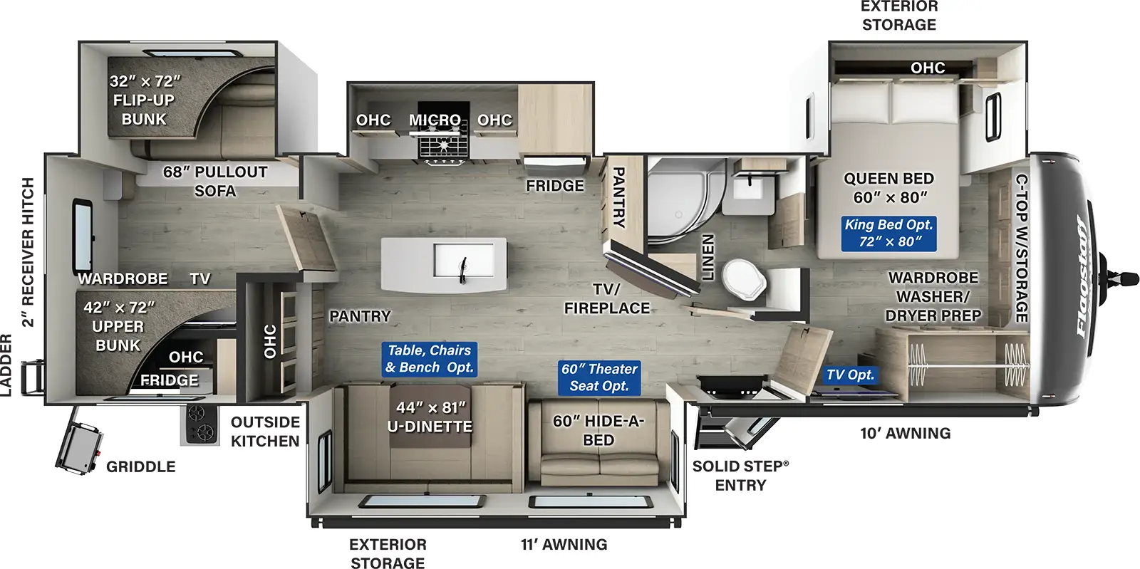 The Flagstaff Classic Travel Trailers 832BWS has one entry and four slide outs. Exterior features include: fiberglass exterior, 11' & 10' awning and outside kitchen. Interiors features include: bunk beds, kitchen island, u-dinette, front bedroom and pass through bathroom.